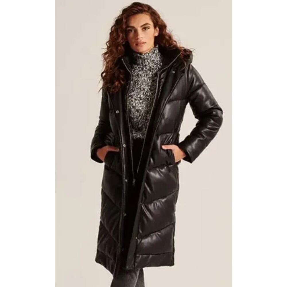 Abercrombie Fitch M Black Ultra Faux Vegan Leather Parka Puffer Coat Zip Winter